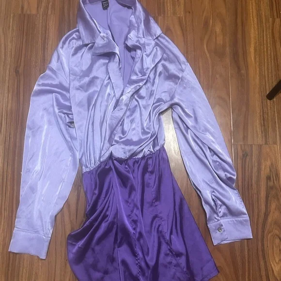 Stylish Purple lavender color block Satin-feel long sleeve Dress - Picture 5 of 7